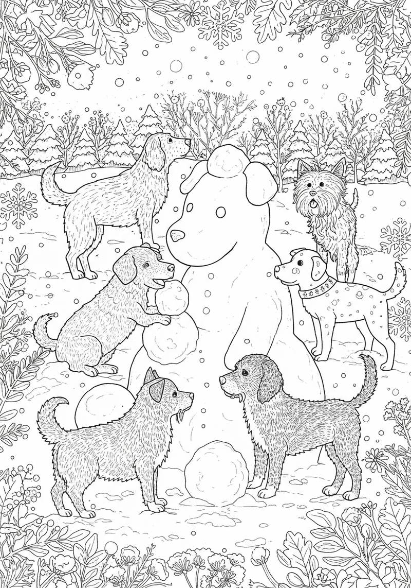 Página para colorear de varios perros jugando y construyendo un muñeco de nieve en una escena invernal.