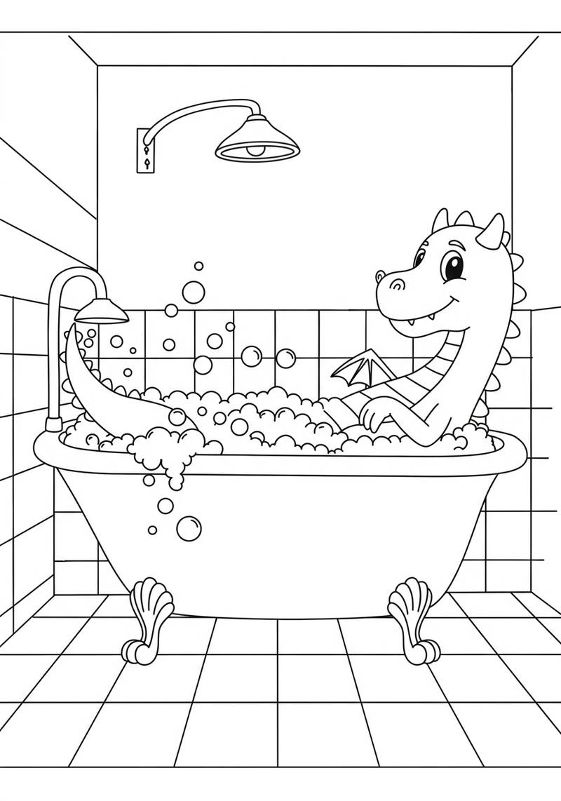 Página para colorear de un lindo bebé dinosaurio disfrutando de un baño de burbujas en una bañera con patas de garra.