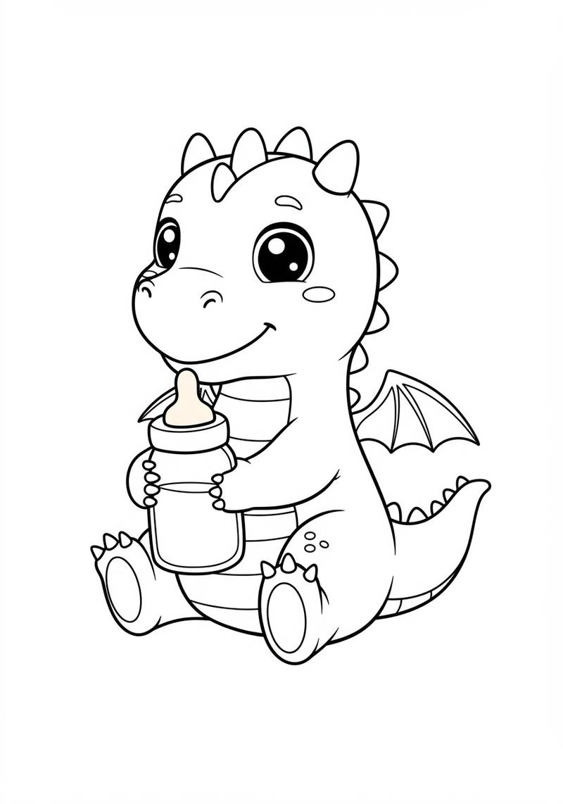 Página para colorear de un bebé dinosaurio lindo sentado mientras sostiene un biberón.