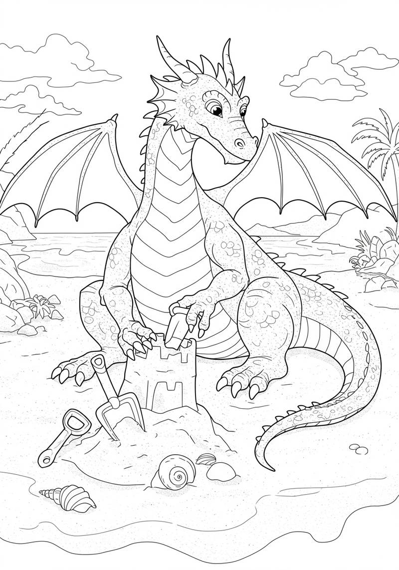 Página para colorear de un adorable bebé dragón sentado en la playa arenosa cerca del agua con conchas alrededor.