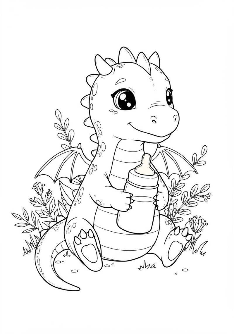 Página para colorear de un adorable bebé dragón sosteniendo un biberón