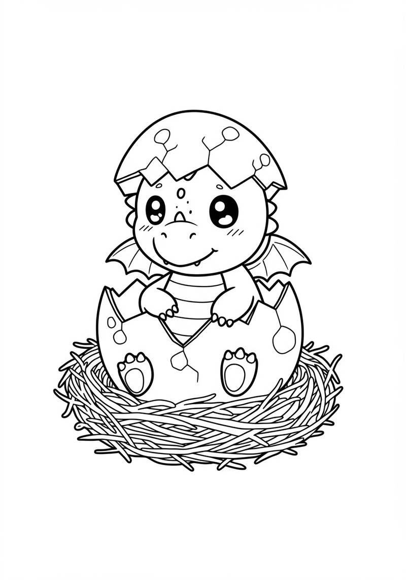 Página para colorear de un adorable bebé dragón emergiendo de su caparazón en un nido.