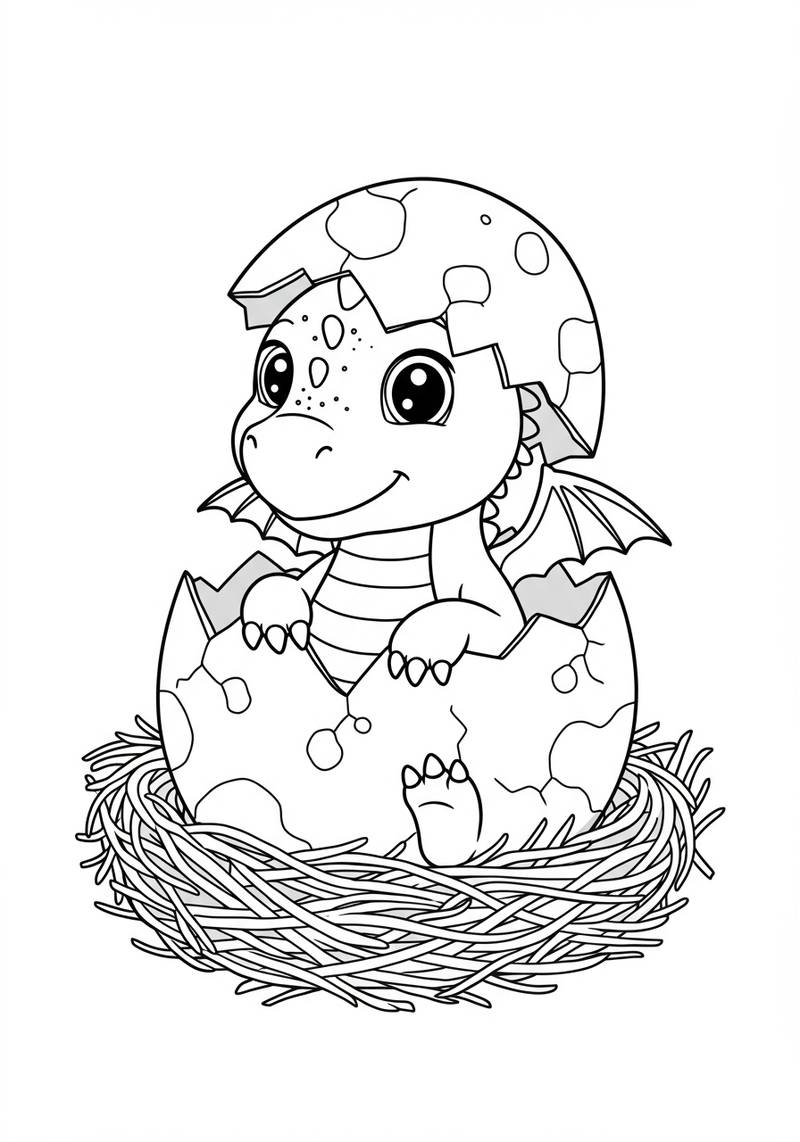 Página para colorear de un lindo bebé dragón emergiendo de un huevo en un nido.