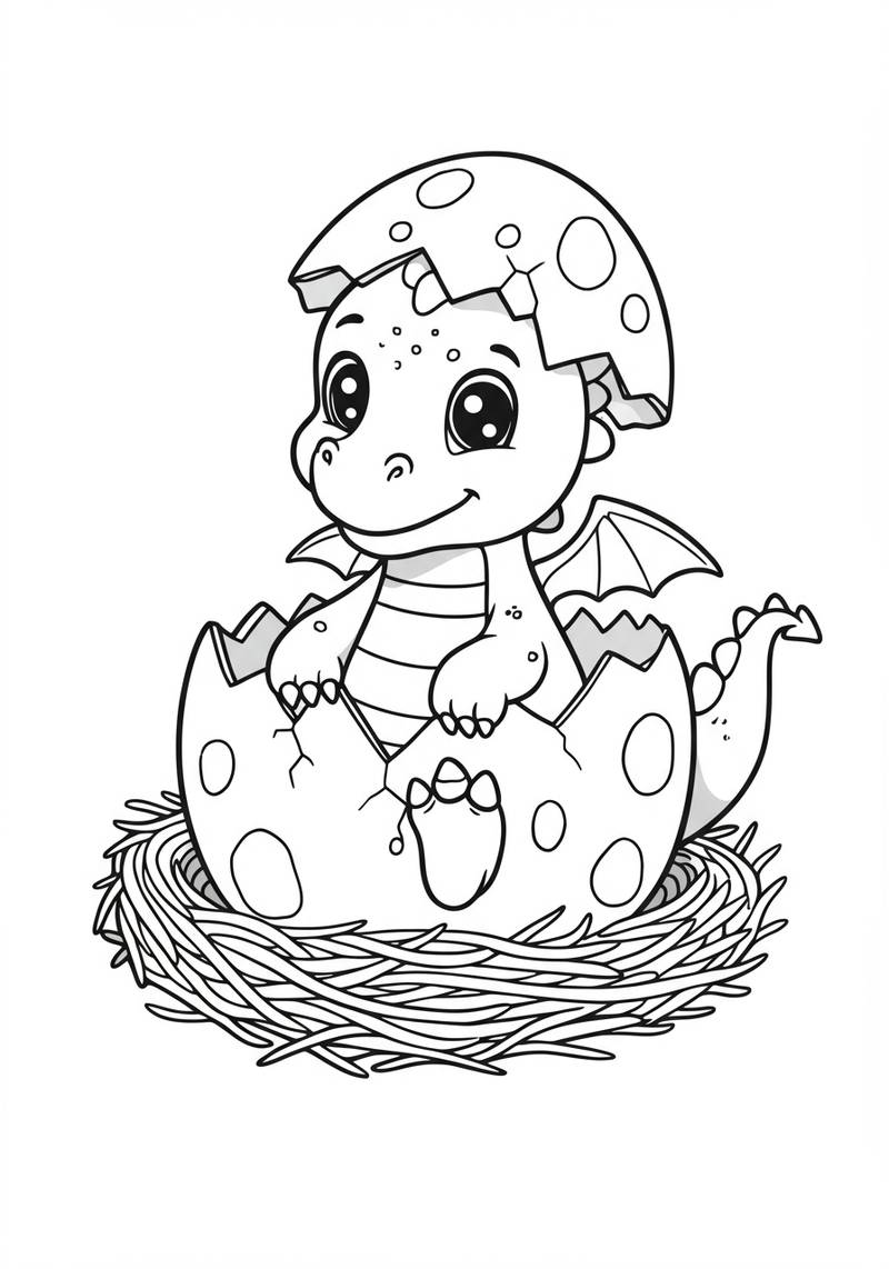 Página para colorear de un lindo bebé dragón naciendo de una cáscara de huevo con un nido debajo.