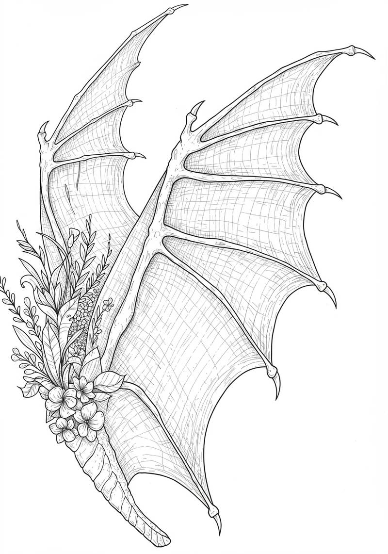 Página de colorear de alas de murciélago con adornos florales detallados.