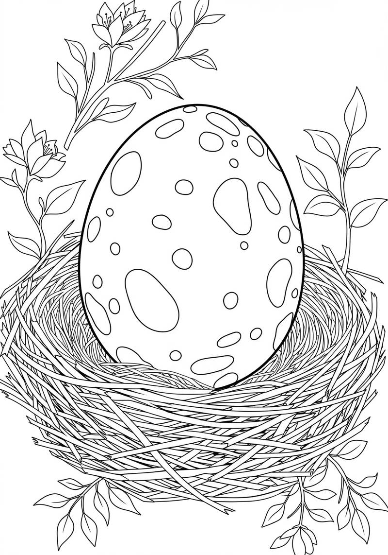 Página para colorear de un nido de pájaro con un huevo moteado rodeado de hojas y ramas.