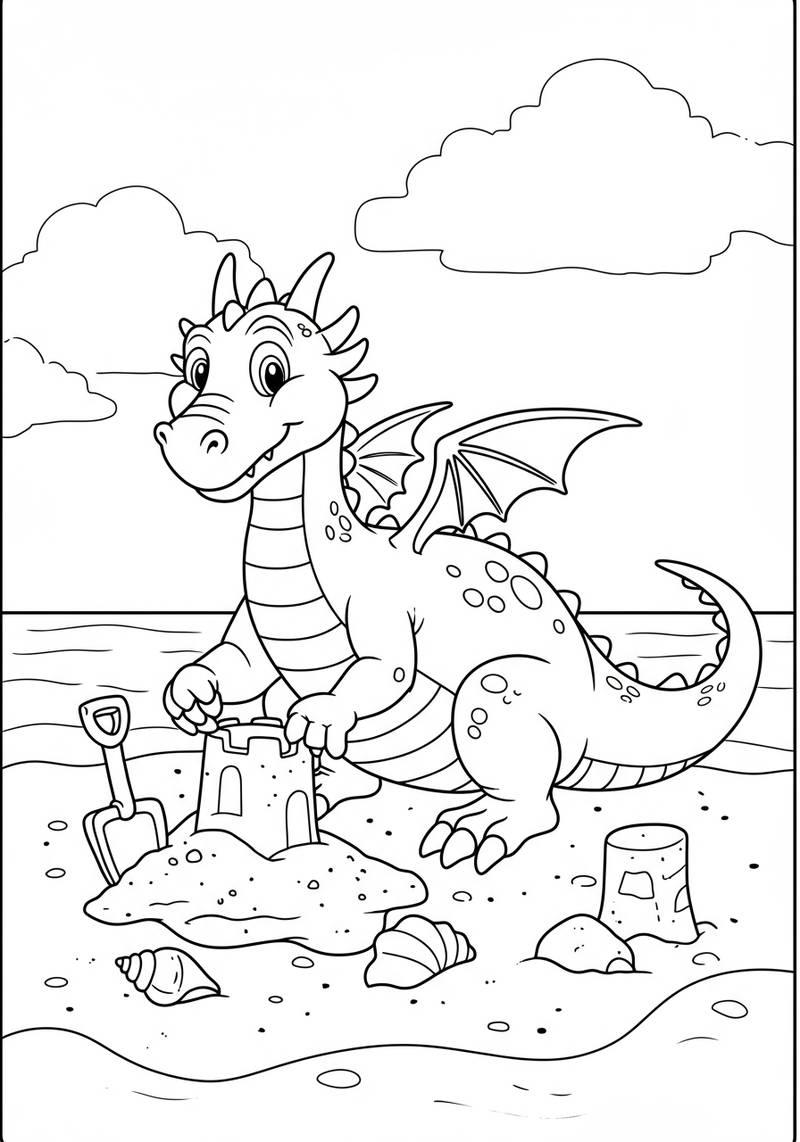 Página para colorear de un dragón de dibujos animados amigable con alas, construyendo un castillo de arena en la playa con conchas alrededor, bajo un cielo con nubes.