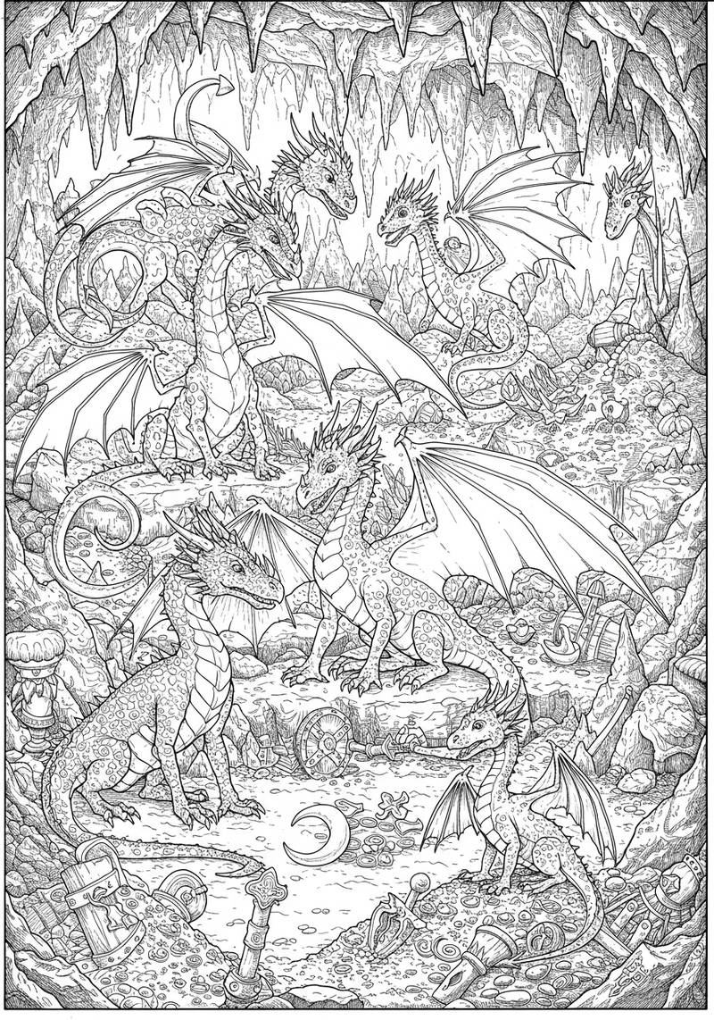 Página para colorear de varios dragones dentro de una cueva, rodeados de rocas y tesoro.
