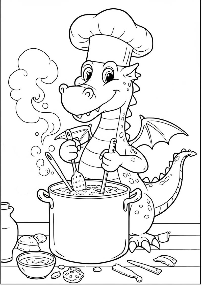 Página para colorear de un dragón amigable usando un gorro de chef y cocinando en una olla grande.