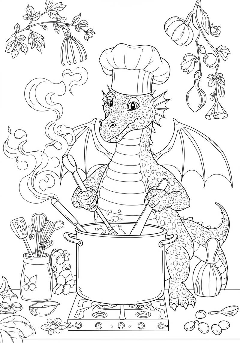 Página para colorear de un dragón amigable usando un gorro de chef y cocinando sobre una olla.