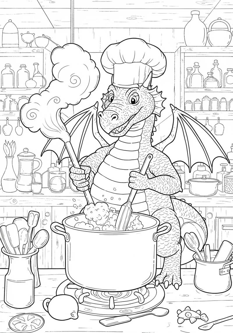Página para colorear de un dragón amigable con un sombrero de chef, revolviendo una olla grande en la estufa de una cocina.