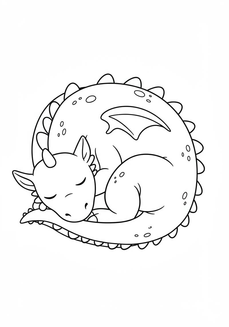 Página para colorear de un dinosaurio dormido acurrucado en forma de bola.