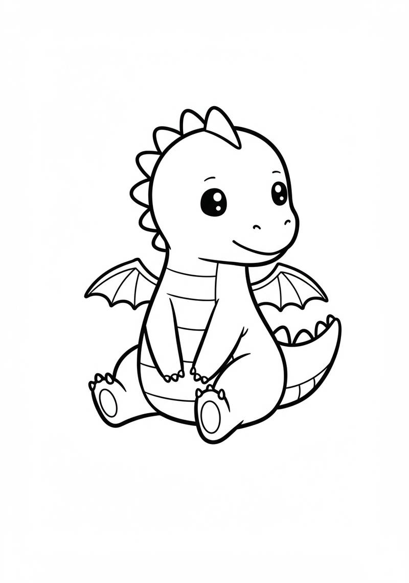 Página para colorear de un lindo bebé dragón con alas, sentado y sonriendo.