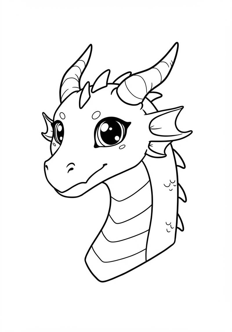 Página para colorear de un adorable dragón de dibujos animados con ojos grandes y pequeñas cuernos.