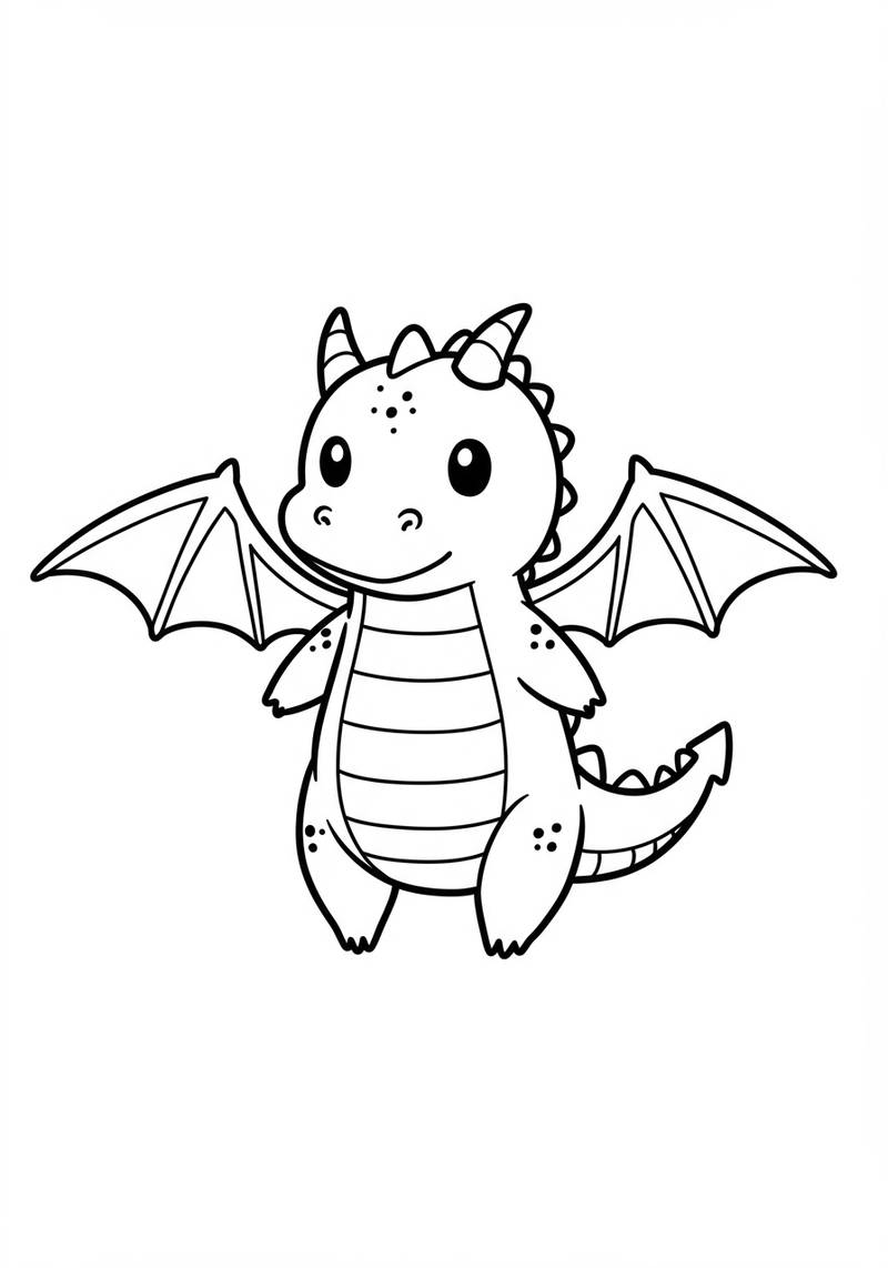 Página para colorear de un lindo bebé dragón con ojos grandes y alas.