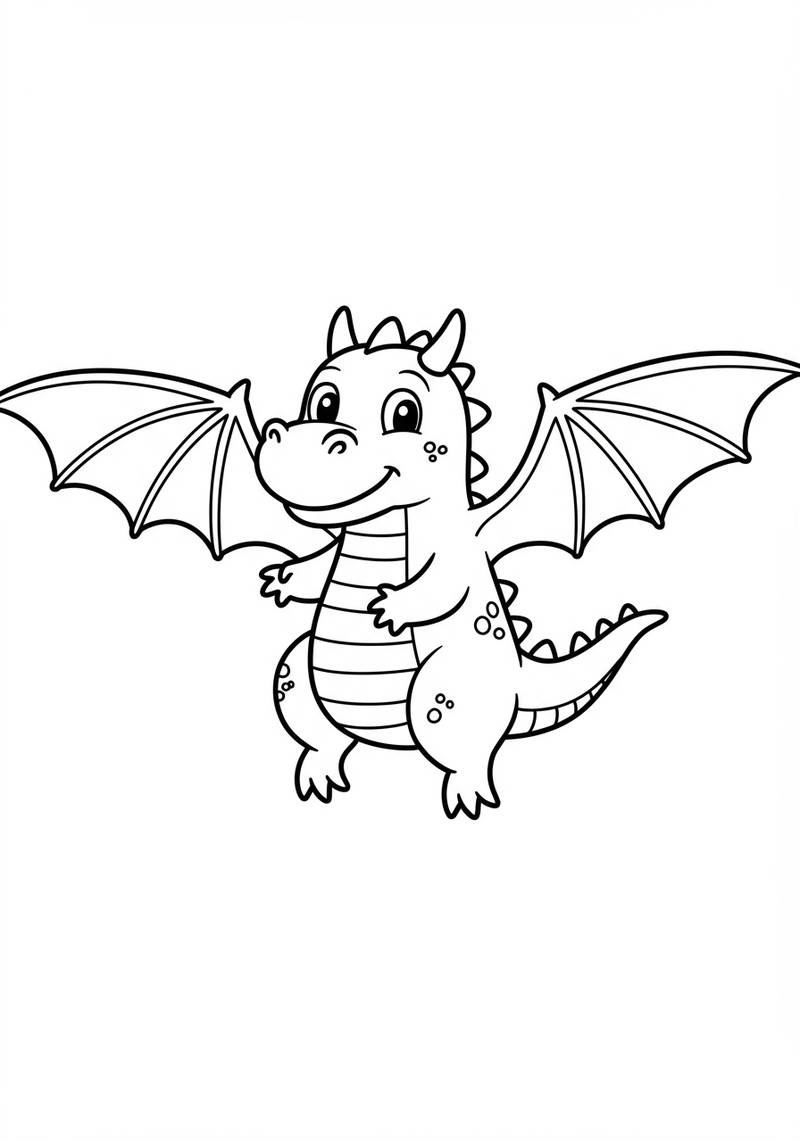 Página para colorear de un adorable dragón de dibujos animados con alas grandes, una cara amigable y una cola corta.
