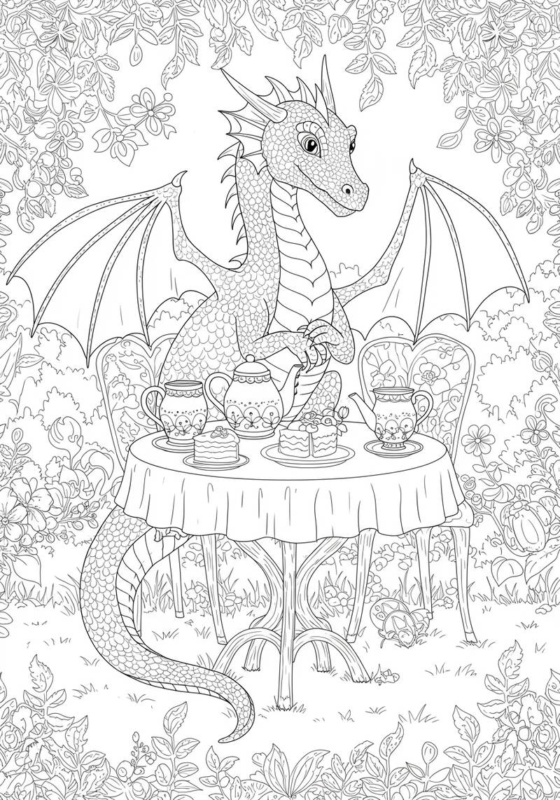 Página para colorear de un dragón amigable sentado en una mesa redonda con tazas de té y pasteles en un jardín.