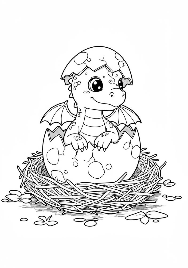 Página para colorear de un adorable bebé dragón con ojos grandes sentado en un nido.