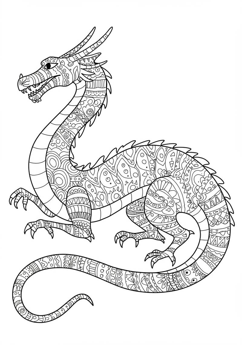 Página para colorear de un dragón detallado con escamas y rasgos con patrones