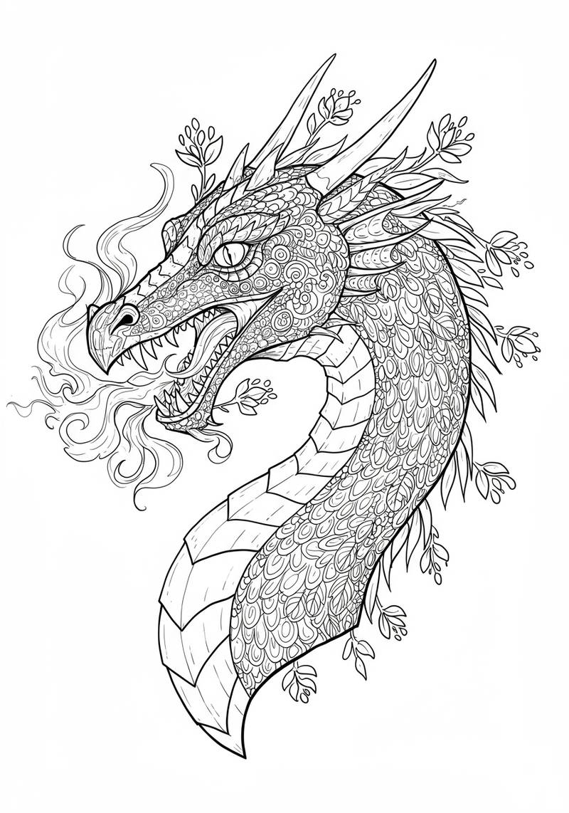 Página para colorear en blanco y negro de un dragón detallado con escamas, cuernos y llamas.