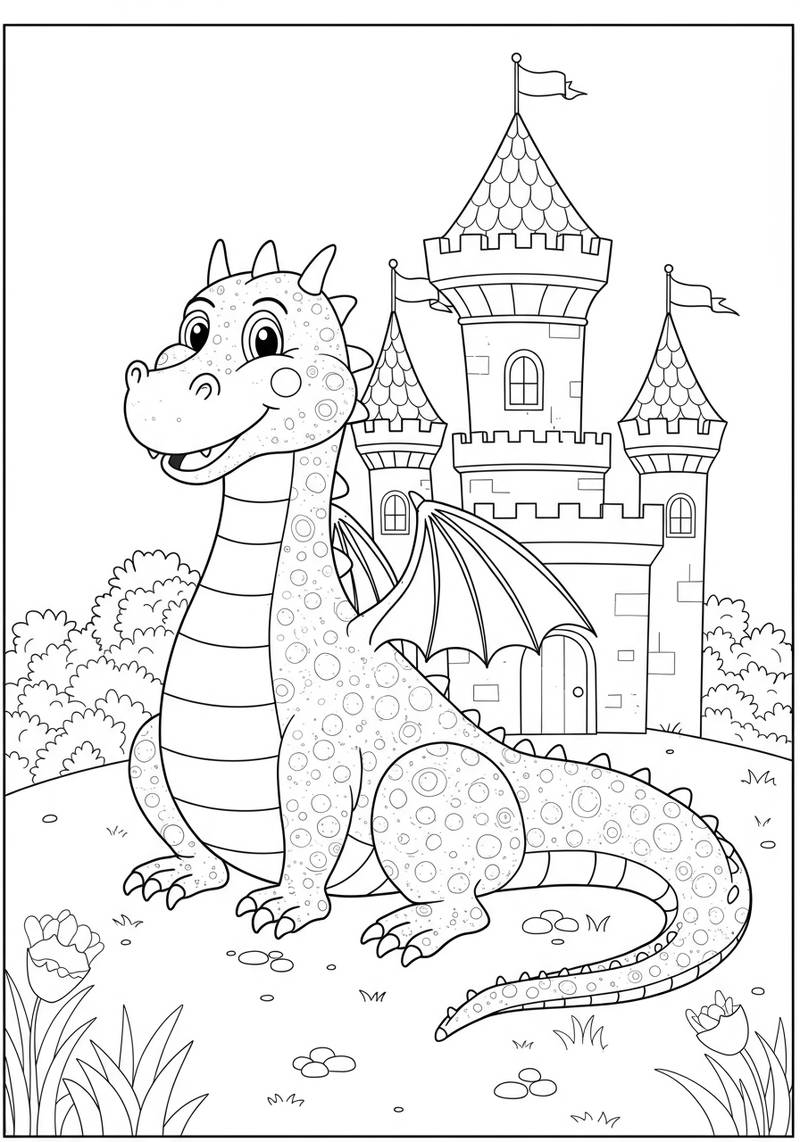 Página para colorear con un dinosaurio sonriente con alas frente a un castillo fantástico.