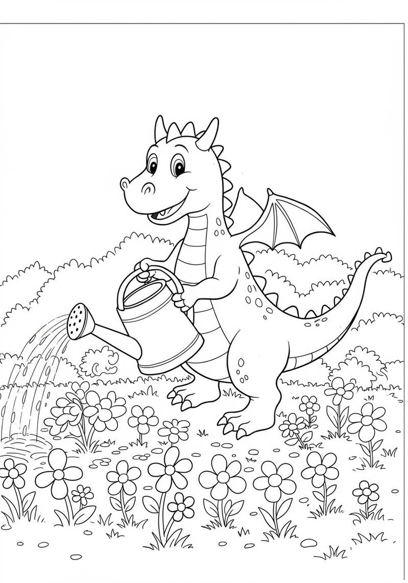 Página para colorear de un dinosaurio lindo regando flores en un jardín.