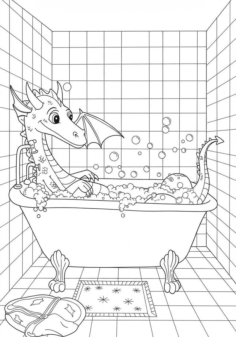 Página para colorear de un dragón amigable sentado en una bañera vintage llena de burbujas en un baño revestido de azulejos.