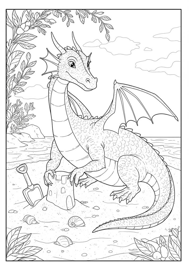 Página para colorear de un dragón amigable sentado en la orilla junto a un lago con árboles y nubes en el fondo.