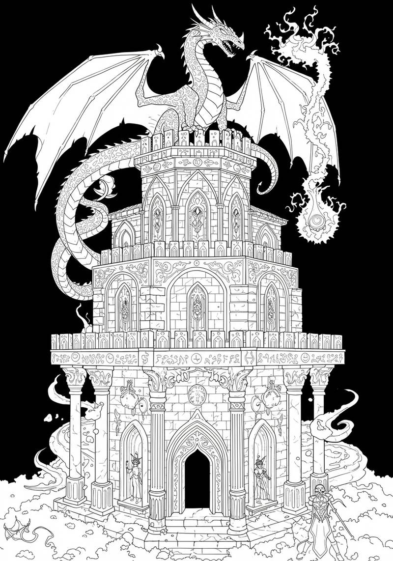 Página para colorear de un dragón feroz posado en la cima de un castillo medieval con arquitectura detallada