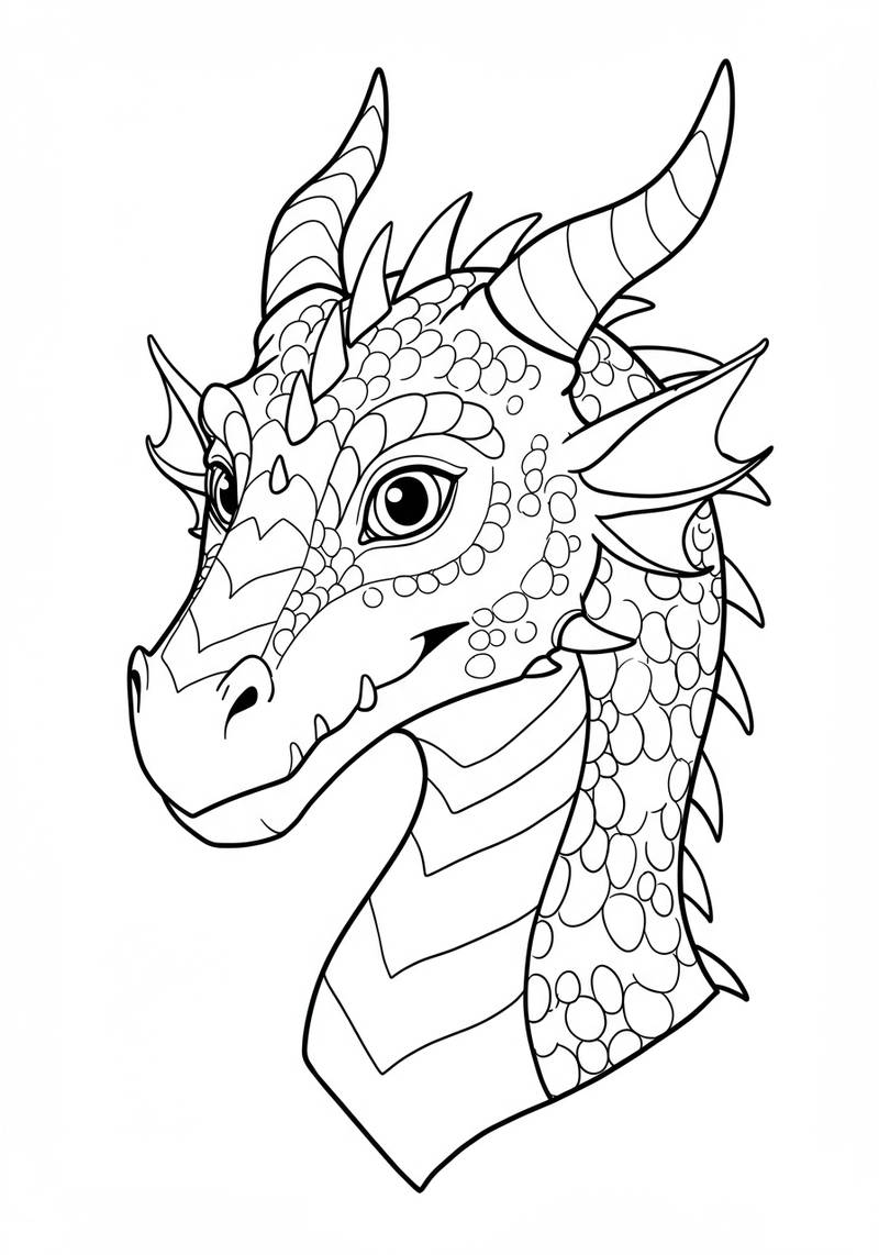 Página para colorear en blanco y negro de una cabeza de dragón detallada con cuernos y escamas.