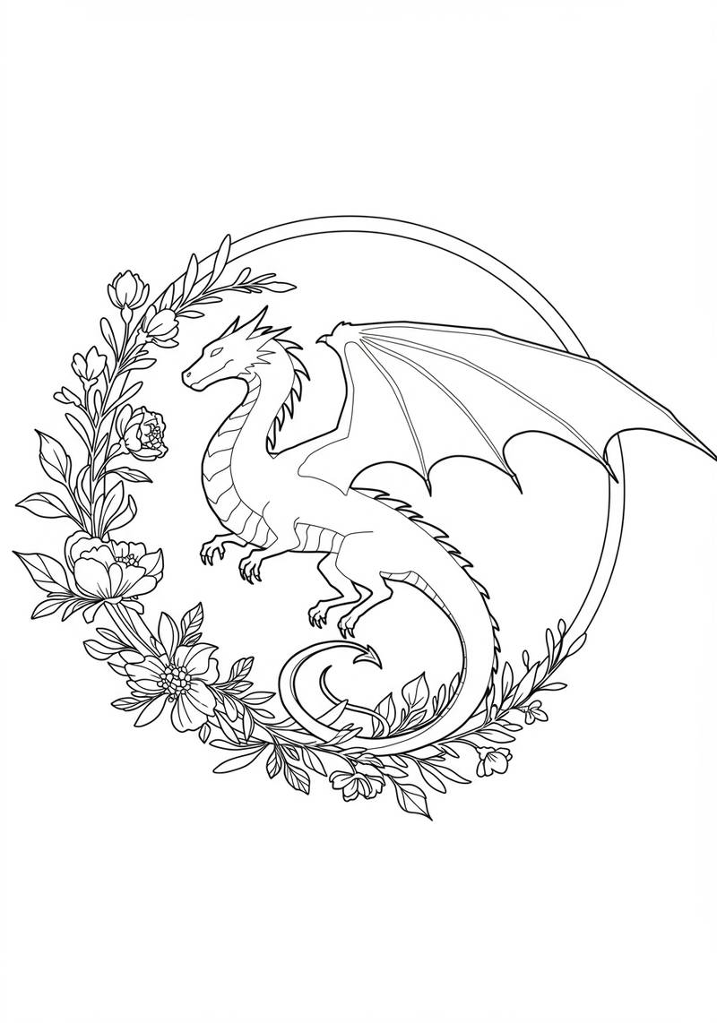 Página para colorear de un dragón rodeado de una corona floral circular.