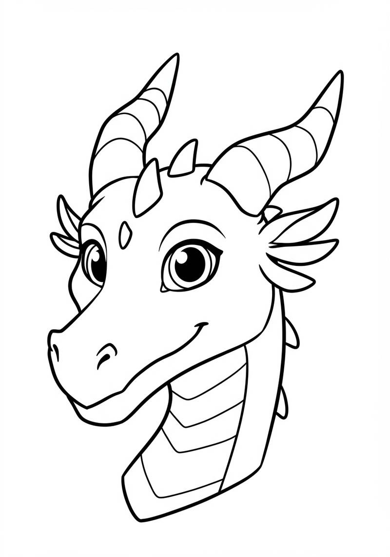 Página para colorear de una cabeza de dragón amigable con ojos grandes y expresivos y cuernos curvos.