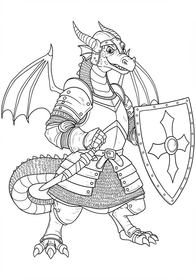 Página para colorear de un feroz caballero dragón con armadura, sosteniendo un escudo y una espada.