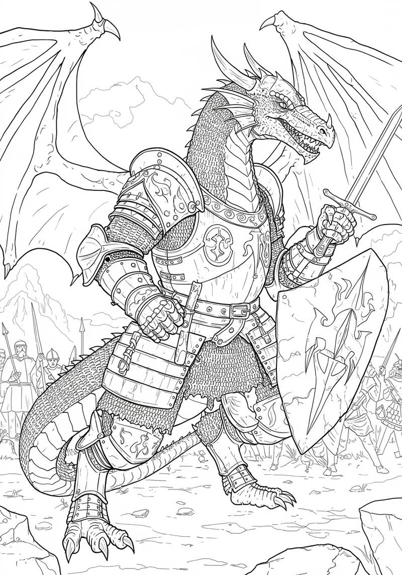 Página para colorear de un dragón feroz con armadura de caballero, sosteniendo una espada y un escudo.