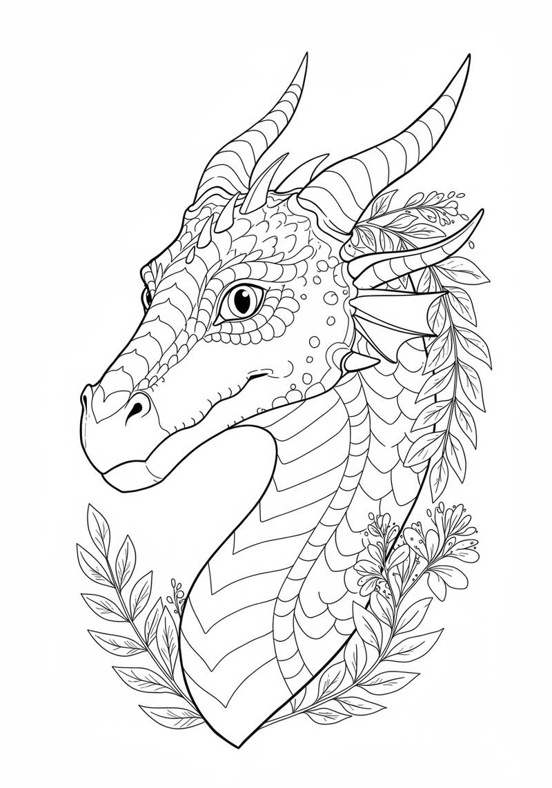 Página para colorear de un majestuoso dragón con escamas y cuernos detallados, rodeado de hojas.