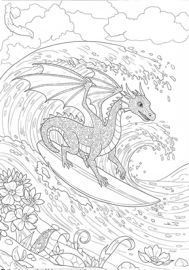 Página para colorear de un dragón montado en una tabla de surf sobre las olas del océano.