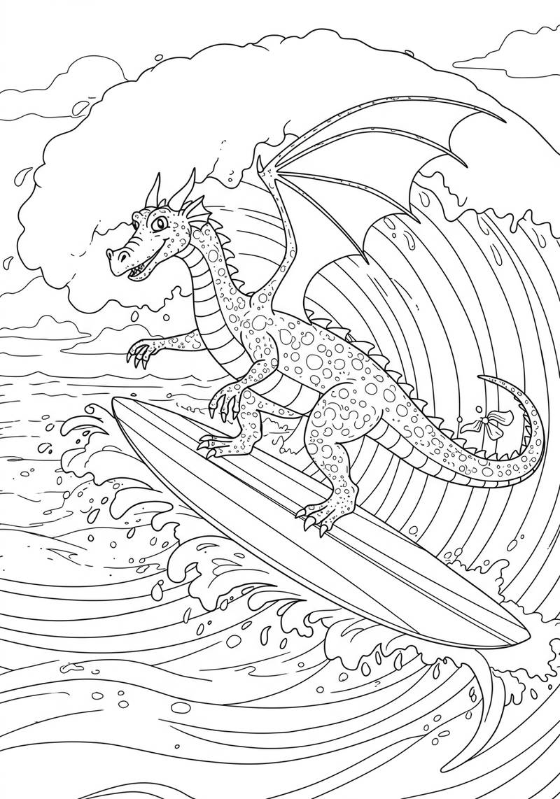 Página para colorear de un dragón amigable surfeando una gran ola del Océano en una tabla de surf.