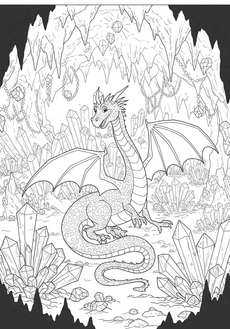 Página para colorear de un dragón amigable dentro de una cueva de cristal con gemas y cristales colgantes.
