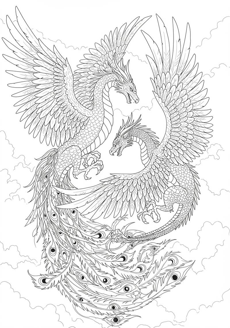 Página para colorear que presenta un águila feroz y un dragón entrelazados en el cielo.
