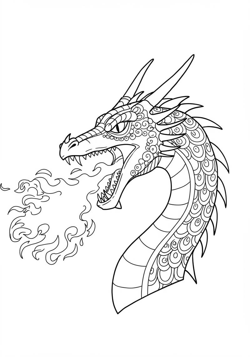 Página para colorear de un dragón feroz con fuego saliendo de su boca.