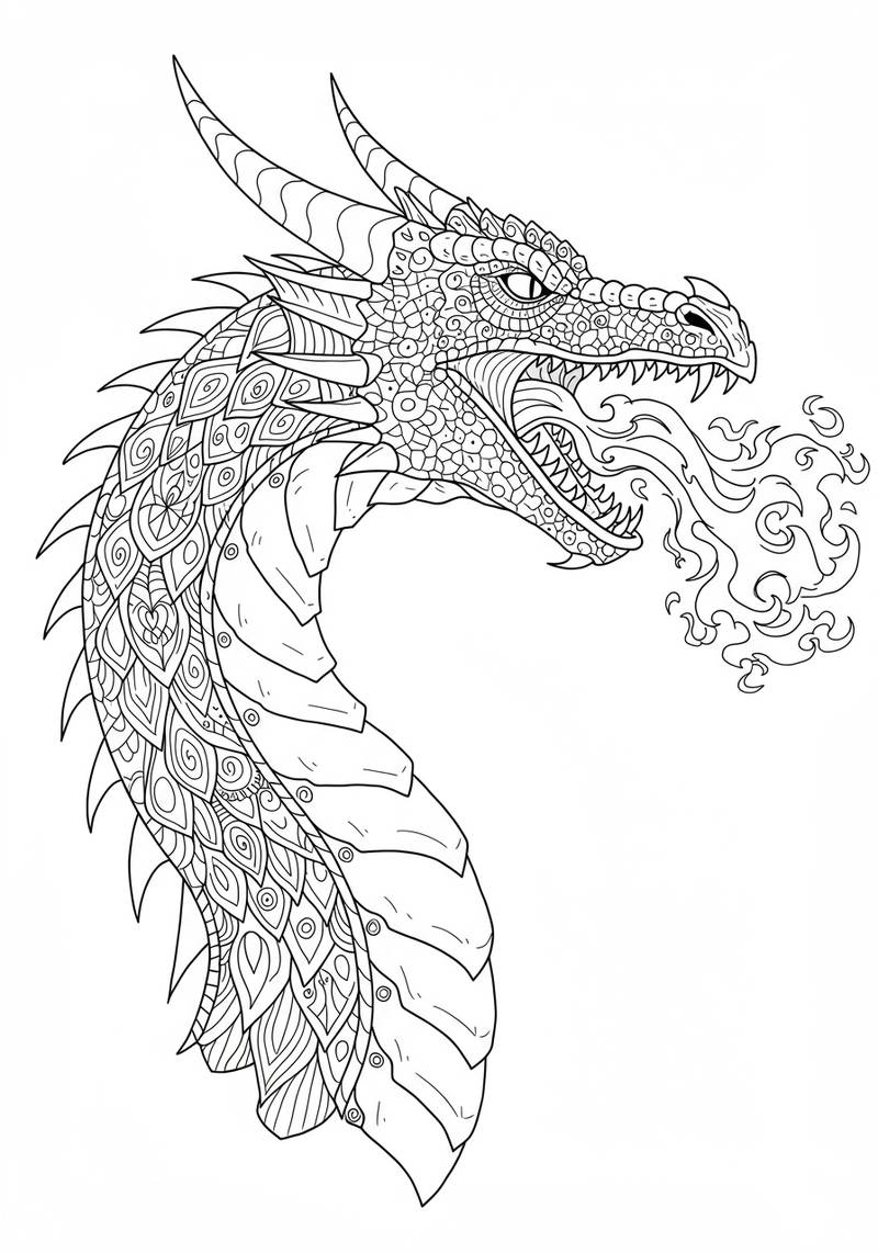 Página para colorear de un dragón detallado con escamas y cuernos, escupiendo fuego.