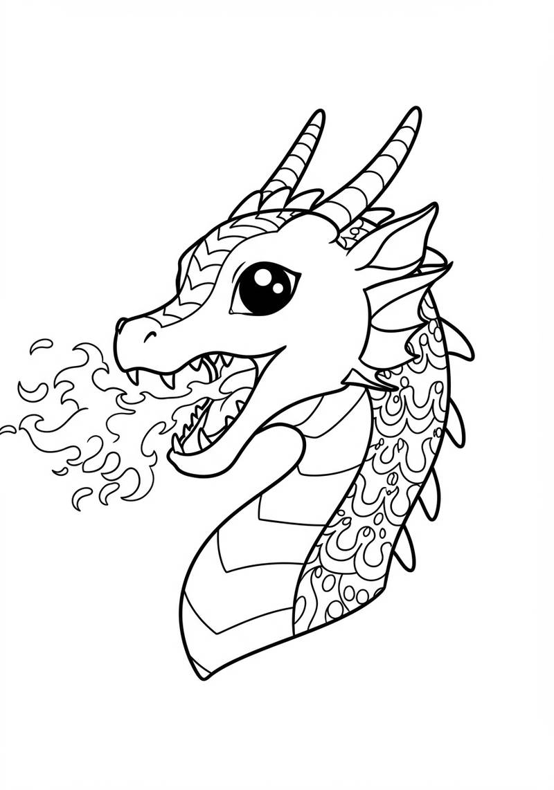 Página para colorear de un dragón feroz con llamas saliendo de su boca.
