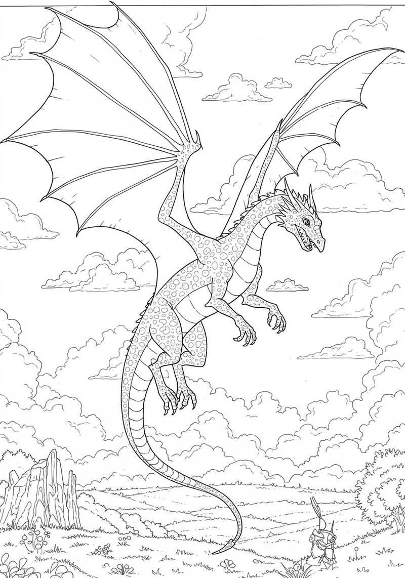 Página para colorear de un dragón feroz volando entre las nubes