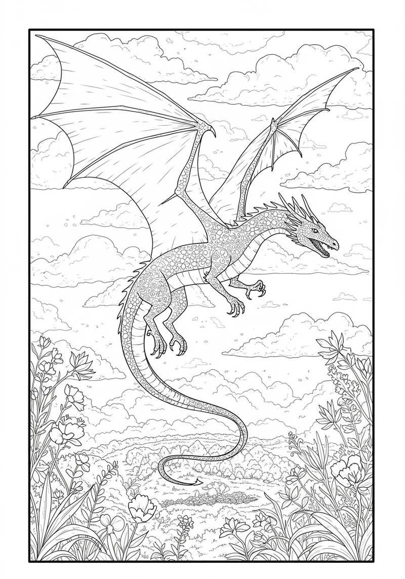 Página para colorear de un dragón volando por el cielo entre nubes y plantas.