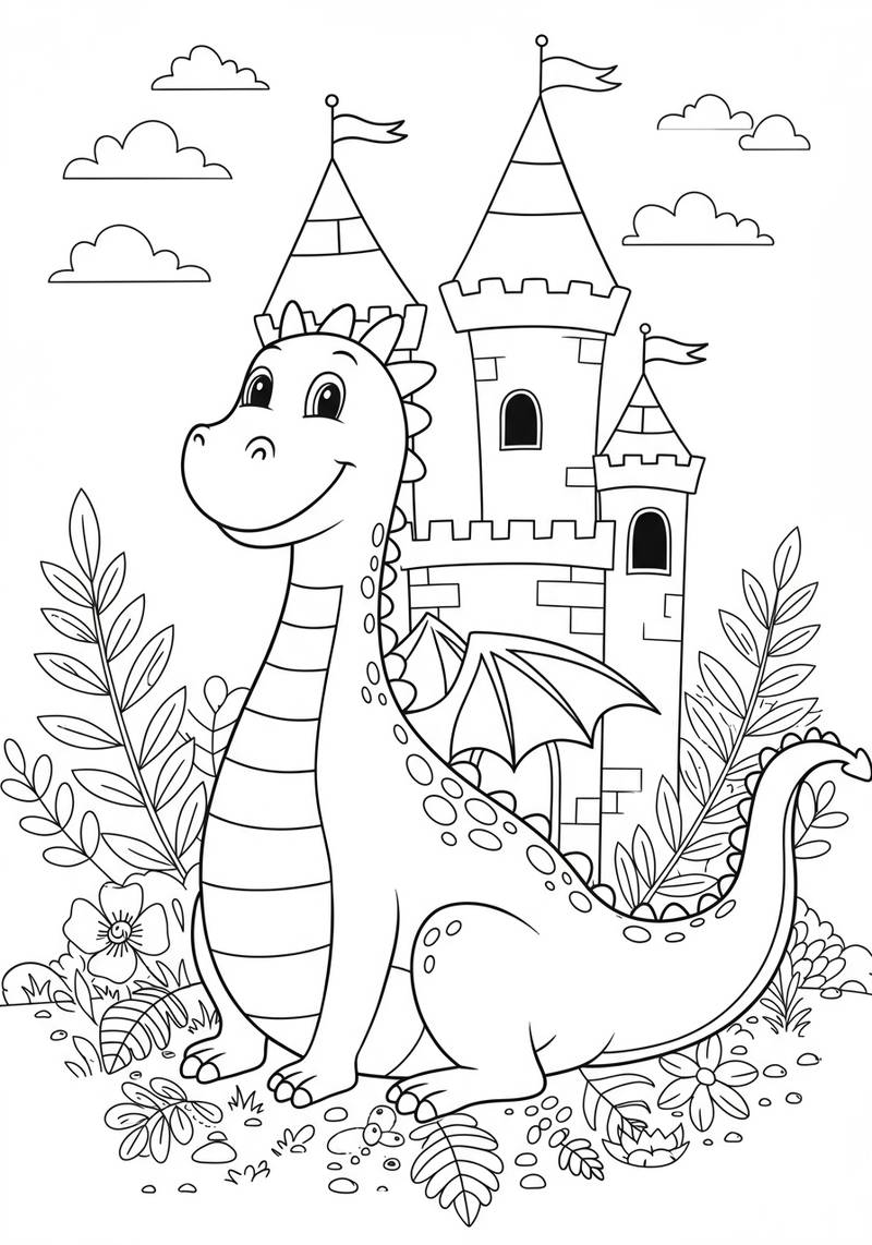 Página para colorear que presenta a un dragón alegre frente a un castillo con nubes y plantas.