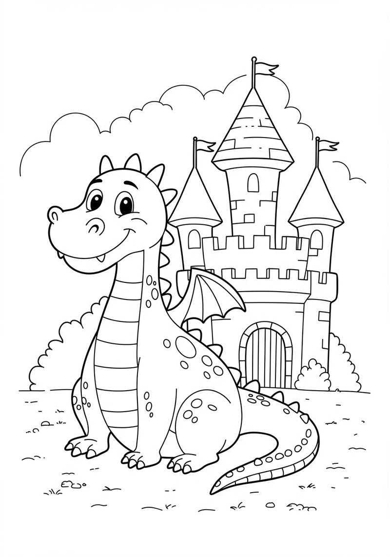 Página para colorear de un dragón lindo y amigable sentado frente a un castillo con torres y banderas.