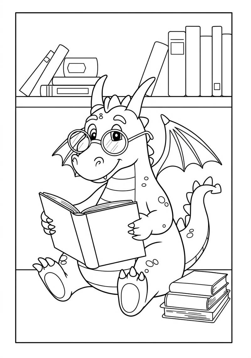 Página para colorear de un dragón adorable que lleva gafas y lee un libro en un entorno de biblioteca