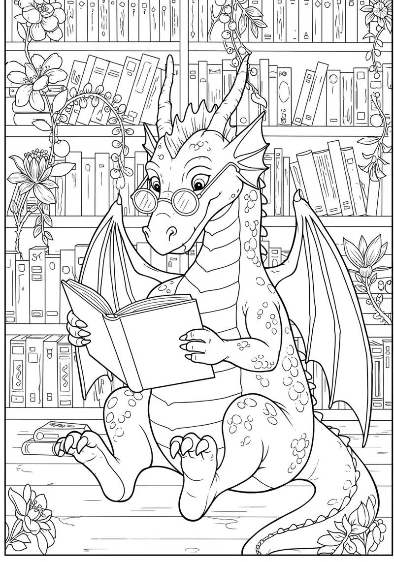 Página para colorear de un dragón lindo con gafas, sentado y leyendo un libro en una biblioteca con estanterías y plantas.