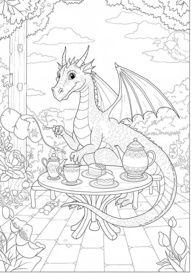 Página para colorear de un dragón adorable sentado en una mesa con teteras, tazas y pasteles en un jardín al aire libre.
