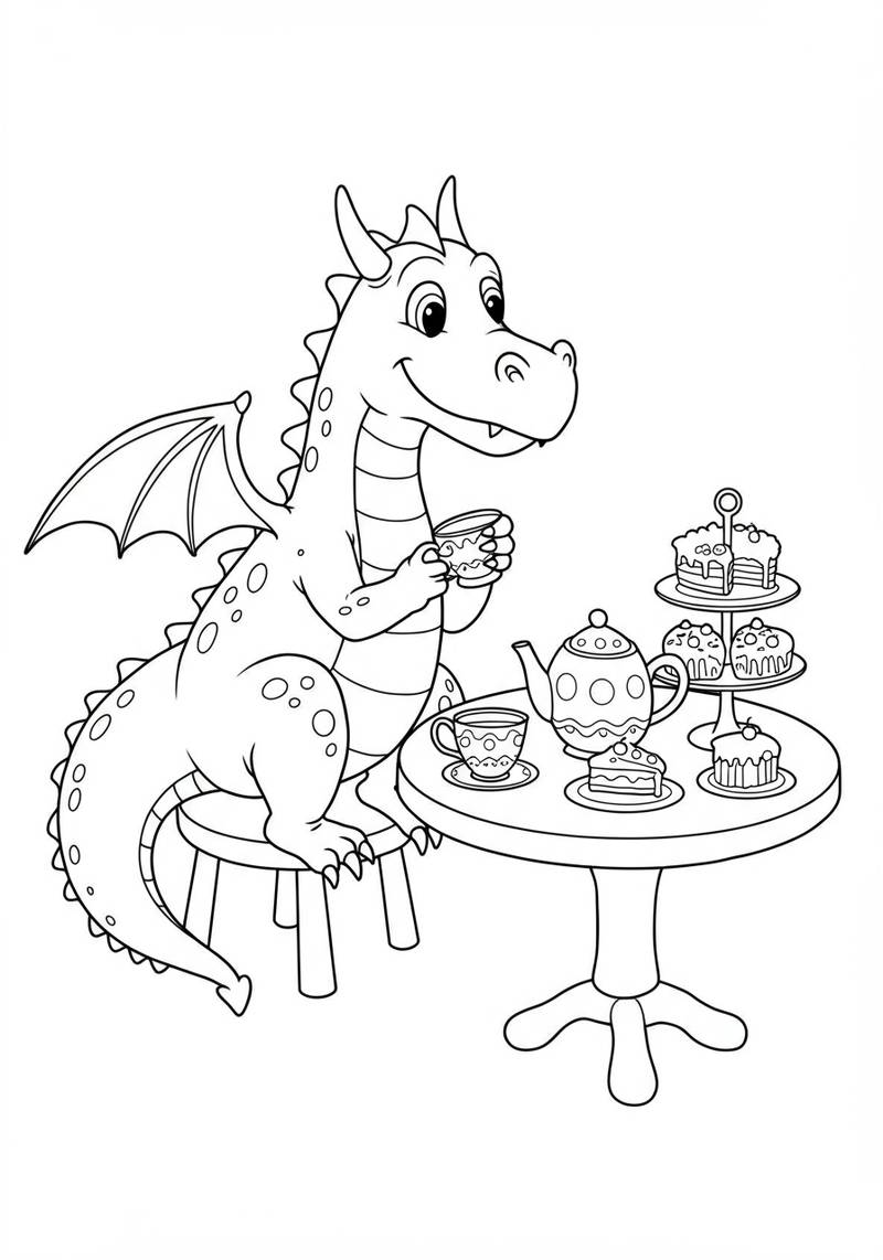 Página para colorear de un dragón adorable sentado en un taburete tomando té y postres.